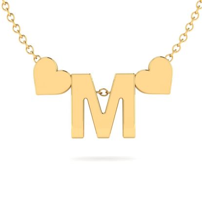 "M" Dainty Block Initial Necklace With Hearts In Gold Overlay, All Letters Available, Free 17 Inch Cable Chain