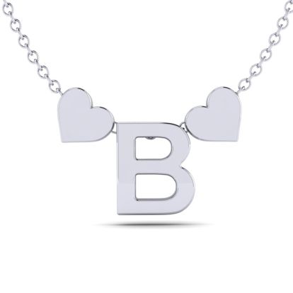 "B" Dainty Block Initial Necklace With Hearts In White Gold Overlay, All Letters Available, Free 17 Inch Cable Chain