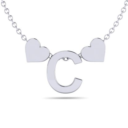 "C" Dainty Block Initial Necklace With Hearts In White Gold Overlay, All Letters Available, Free 17 Inch Cable Chain