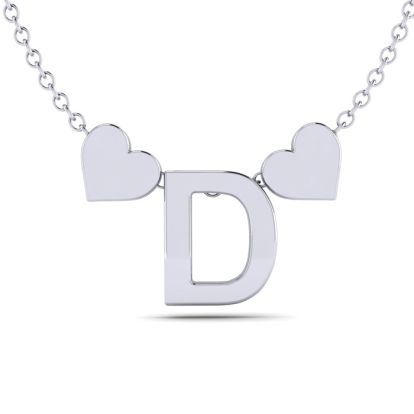 "D" Dainty Block Initial Necklace With Hearts In White Gold Overlay, All Letters Available, Free 17 Inch Cable Chain