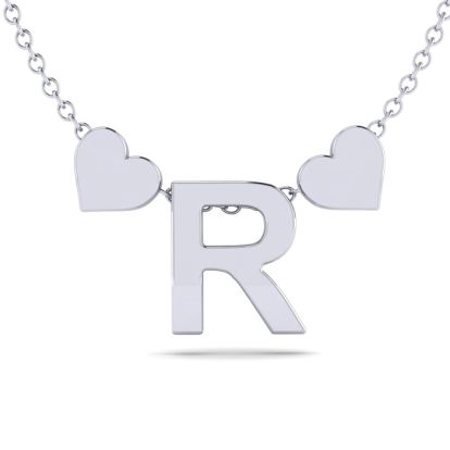 "R" Dainty Block Initial Necklace With Hearts In White Gold Overlay, All Letters Available, Free 17 Inch Cable Chain