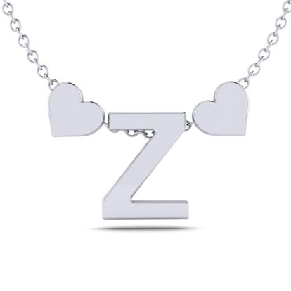 "Z" Dainty Block Initial Necklace With Hearts In White Gold Overlay, All Letters Available, Free 17 Inch Cable Chain