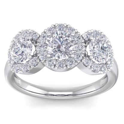 2 Carat Round Shape Halo Diamond Three Stone Ring In 14K White Gold