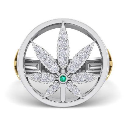 Mens 1/3 Carat Diamond and Emerald Weed Leaf Ring In 14K White Gold