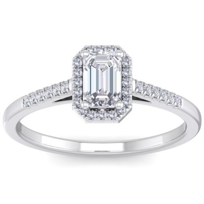 3/4 Carat Emerald Cut Halo Diamond Engagement Ring In 14K White Gold