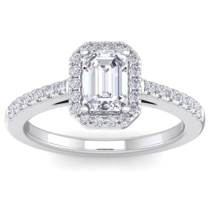 1 1/2 Carat Emerald Cut Halo Diamond Engagement Ring In 14K White Gold