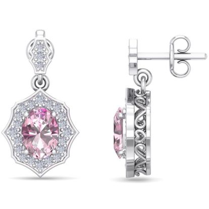 Pink Gemstones 2 1/4 Carat Oval Shape Pink Topaz and Diamond Dangle Earrings In 14 Karat White Gold
