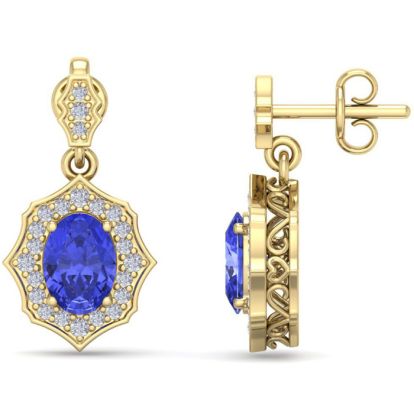 2 1/5 Carat Oval Shape Tanzanite and Diamond Dangle Earrings In 14 Karat Yellow Gold