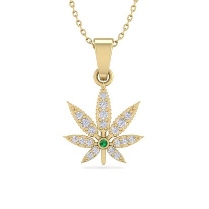 1/4 Carat Diamond and Emerald Weed Leaf Necklace In 14K Yellow Gold