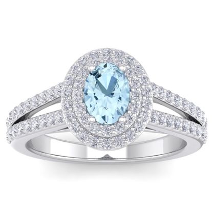 Aquamarine Ring: Aquamarine Jewelry: 1 3/4 Carat Oval Shape Aquamarine and Halo Diamond Ring In 14 Karat White Gold