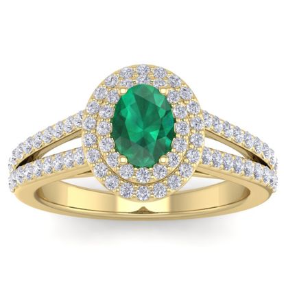 1 3/4 Carat Oval Shape Emerald and Halo Diamond Ring In 14 Karat Yellow Gold