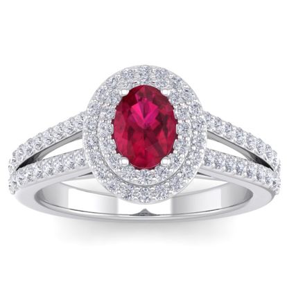 2 Carat Oval Shape Ruby and Halo Diamond Ring In 14 Karat White Gold