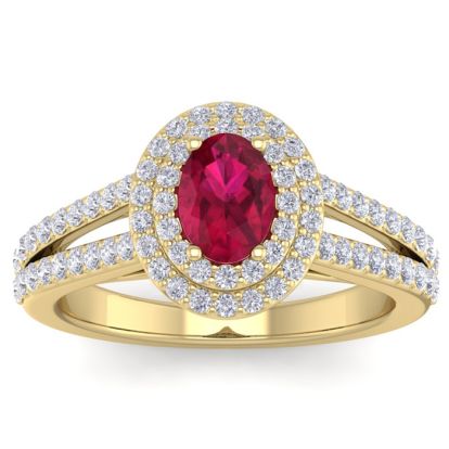 2 Carat Oval Shape Ruby and Halo Diamond Ring In 14 Karat Yellow Gold