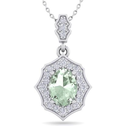 1 1/3 Carat Oval Shape Green Amethyst and Diamond Necklace In 14 Karat White Gold, 18 Inches