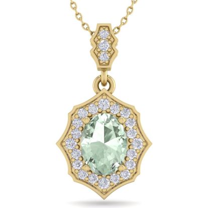 1 1/3 Carat Oval Shape Green Amethyst and Diamond Necklace In 14 Karat Yellow Gold, 18 Inches