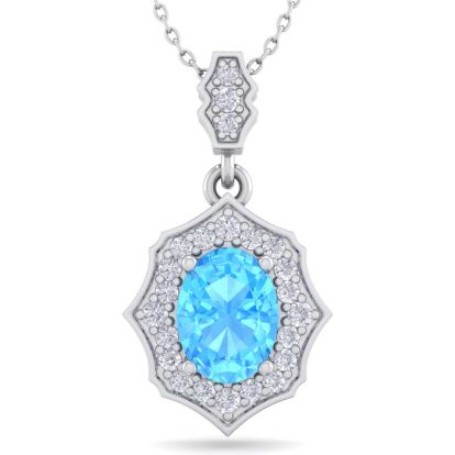 1 3/4 Carat Oval Shape Blue Topaz and Diamond Necklace In 14 Karat White Gold, 18 Inches