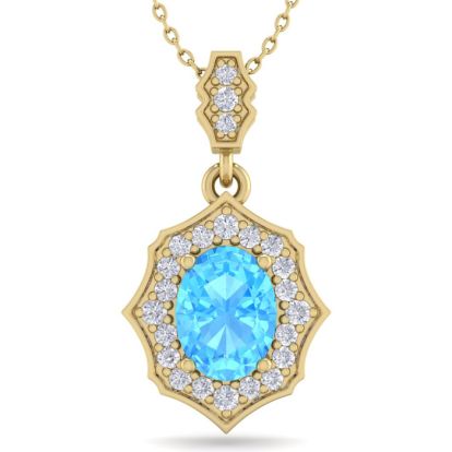 1 3/4 Carat Oval Shape Blue Topaz and Diamond Necklace In 14 Karat Yellow Gold, 18 Inches