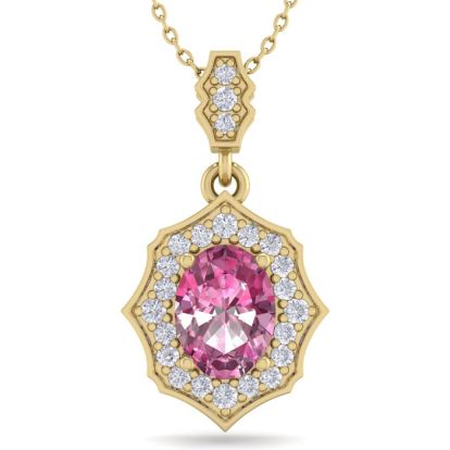 Pink Gemstones 1 3/4 Carat Oval Shape Pink Topaz and Diamond Necklace In 14 Karat Yellow Gold, 18 Inches