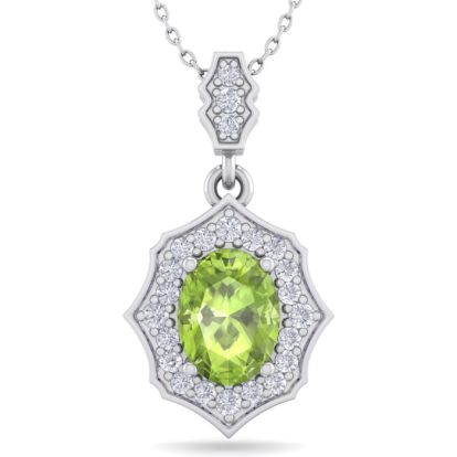 1 1/2 Carat Oval Shape Peridot and Diamond Necklace In 14 Karat White Gold, 18 Inches