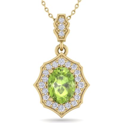 1 1/2 Carat Oval Shape Peridot and Diamond Necklace In 14 Karat Yellow Gold, 18 Inches