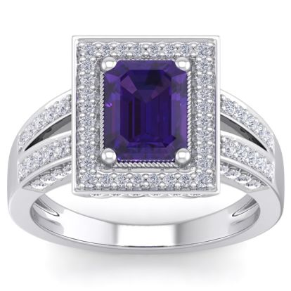 2 1/5 Carat Amethyst and Halo Diamond Ring In 14 Karat White Gold