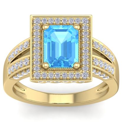 2 1/2 Carat Blue Topaz and Halo Diamond Ring In 14 Karat Yellow Gold