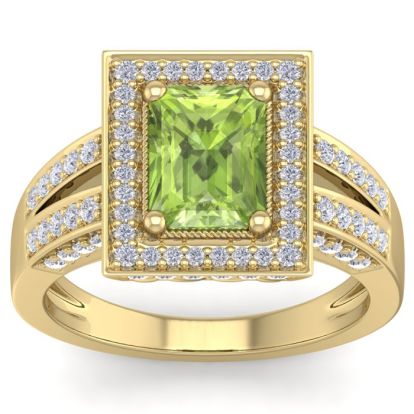 2 1/2 Carat Peridot and Halo Diamond Ring In 14 Karat Yellow Gold