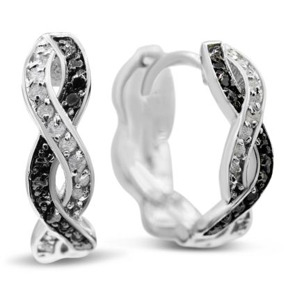 1/4 Carat Black and White Diamond Swirl Hoop Earrings, 1/2 Inch, Hidden Snap Backs
