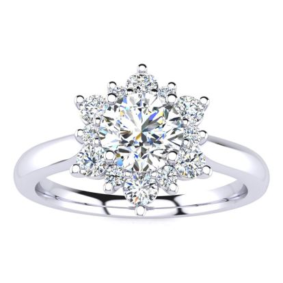 Moissanite Engagement Ring; 1 1/2 Carat Round Shape Flower Halo Moissanite Engagement Ring In 14K White Gold