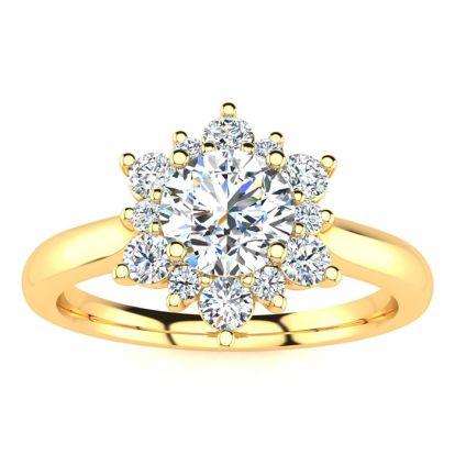 Moissanite Engagement Ring; 1 1/2 Carat Round Shape Flower Halo Moissanite Engagement Ring In 14K Yellow Gold