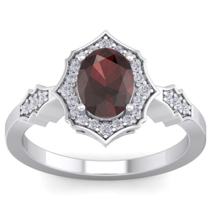 Garnet Ring: Garnet Jewelry: 1 3/4 Carat Oval Shape Garnet and Diamond Ring In 14 Karat White Gold
