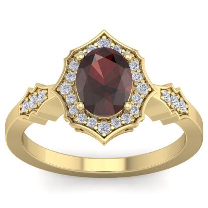 Garnet Ring: Garnet Jewelry: 1 3/4 Carat Oval Shape Garnet and Diamond Ring In 14 Karat Yellow Gold