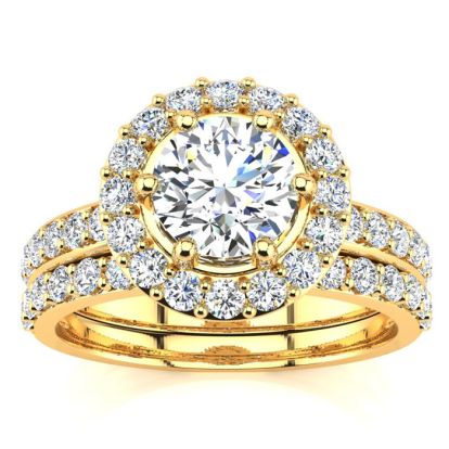2 Carat Floating Halo Diamond Bridal Set in 14k Yellow Gold
