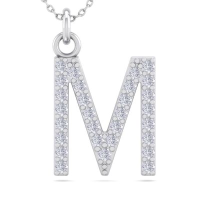 Letter M Diamond Initial Necklace In 14 Karat White Gold With 29 Diamonds
