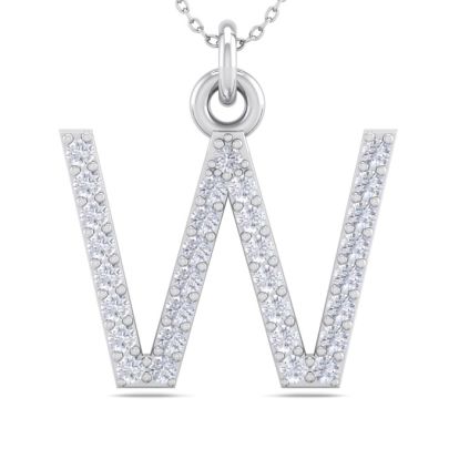 Letter W Diamond Initial Necklace In 14 Karat White Gold With 31 Diamonds