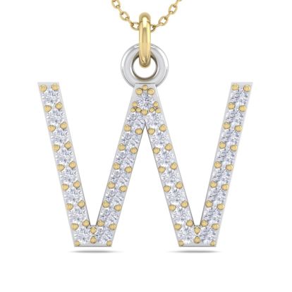 Letter W Diamond Initial Necklace In 14 Karat Yellow Gold With 31 Diamonds