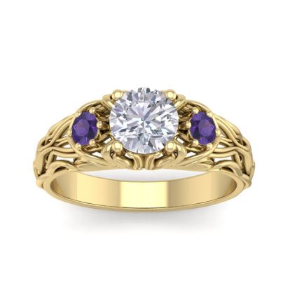 1 1/4 Carat Round Shape Diamond and Amethyst Vine Engagement Ring In 14 Karat Yellow Gold