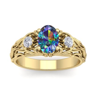1 Carat Oval Shape Mystic Topaz Ring and Diamonds In 14 Karat Yellow Gold