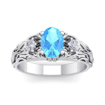 1 1/5 Carat Oval Shape Blue Topaz and Diamond Intricate Vine Engagement Ring In 14 Karat White Gold