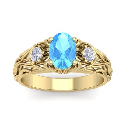 1 1/5 Carat Oval Shape Blue Topaz and Diamond Intricate Vine Engagement Ring In 14 Karat Yellow Gold