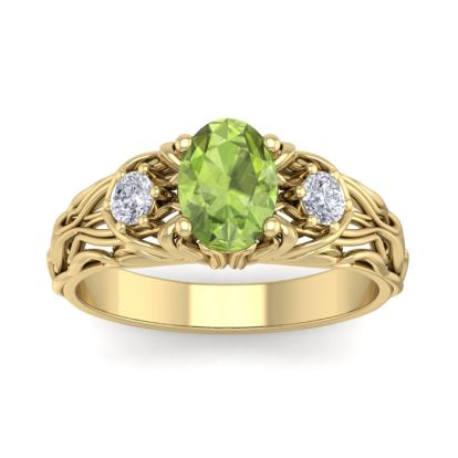 1 1/10 Carat Oval Shape Peridot and Diamond Intricate Vine Engagement Ring In 14 Karat Yellow Gold