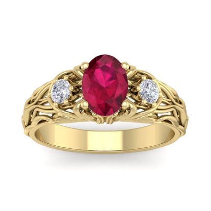 1 1/10 Carat Oval Shape Ruby and Diamond Intricate Vine Engagement Ring In 14 Karat Yellow Gold