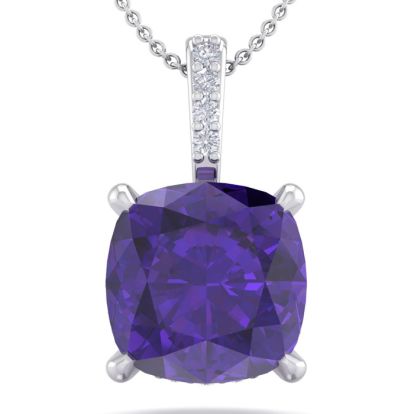1 Carat Cushion Cut Amethyst and Hidden Halo Diamond Necklace In 14 Karat White Gold, 18 Inches