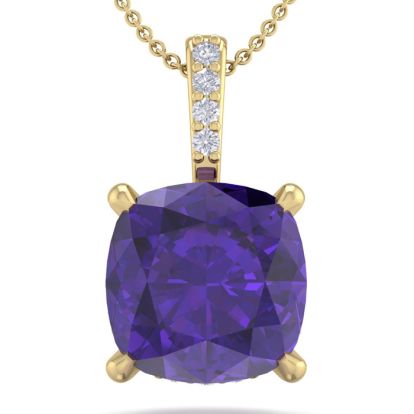 1 Carat Cushion Cut Amethyst and Hidden Halo Diamond Necklace In 14 Karat Yellow Gold, 18 Inches