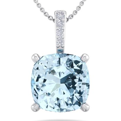 Aquamarine Necklace: Aquamarine Jewelry: 3/4 Carat Cushion Cut Aquamarine and Hidden Halo Diamond Necklace In 14 Karat White Gold, 18 Inches