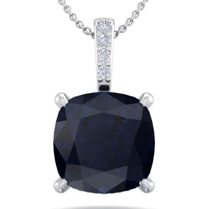 1 1/10 Carat Cushion Cut Sapphire and Hidden Halo Diamond Necklace In 14 Karat White Gold, 18 Inches