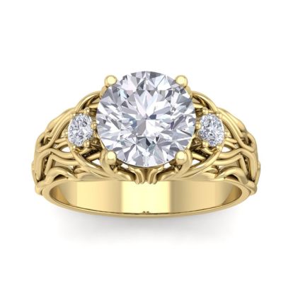 3 1/4 Carat Round Shape Diamond Intricate Vine Engagement Ring In 14 Karat Yellow Gold