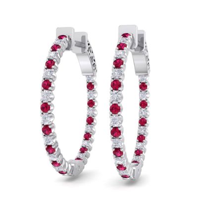 1 Carat Ruby and Diamond Hoop Earrings In 14 Karat White Gold, 3/4 Inch