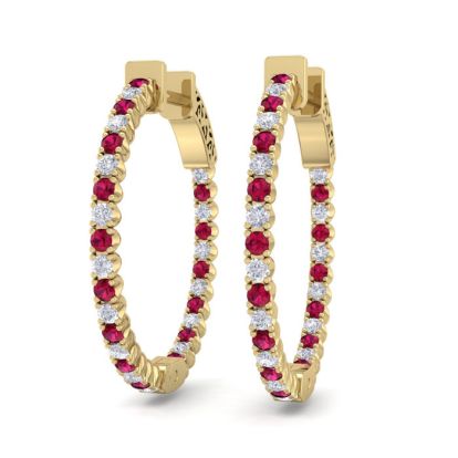 1 Carat Ruby and Diamond Hoop Earrings In 14 Karat Yellow Gold, 3/4 Inch