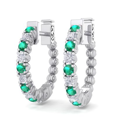 1/2 Carat Emerald and Diamond Hoop Earrings In 14 Karat White Gold, 1/2 Inch